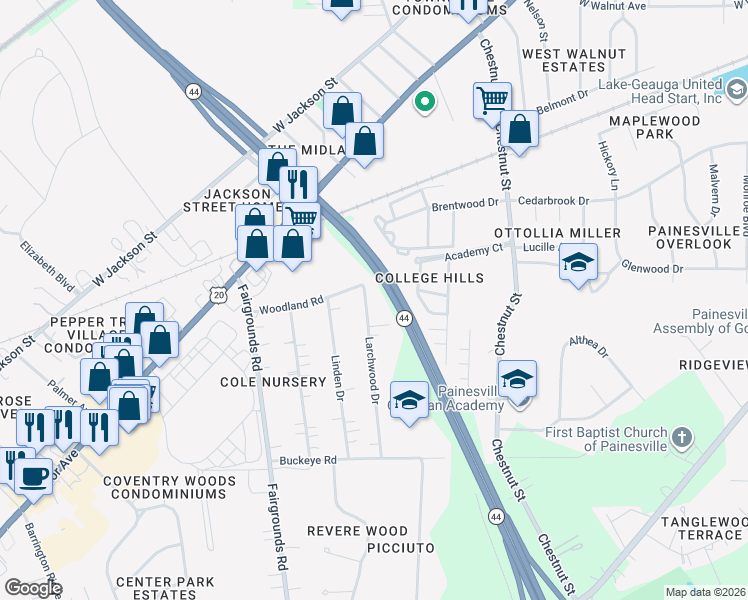 map of restaurants, bars, coffee shops, grocery stores, and more near 47 Larchwood Drive in Painesville