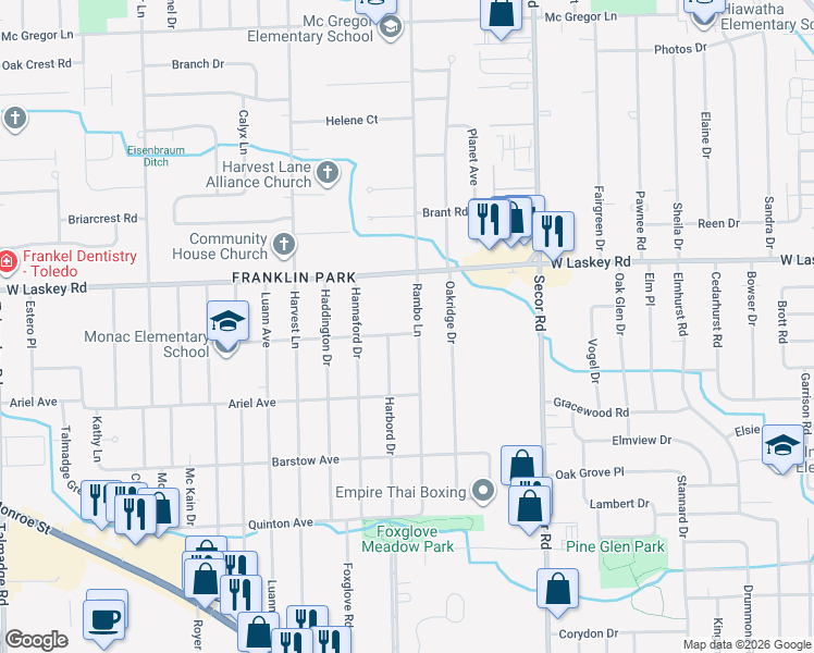 map of restaurants, bars, coffee shops, grocery stores, and more near 3528 Clawson Avenue in Toledo