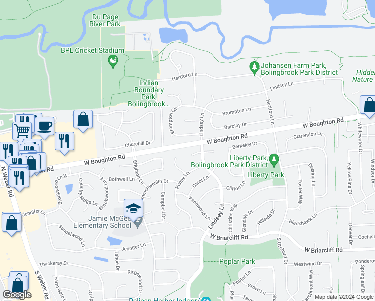 map of restaurants, bars, coffee shops, grocery stores, and more near 4 Lindsey Court West in Bolingbrook