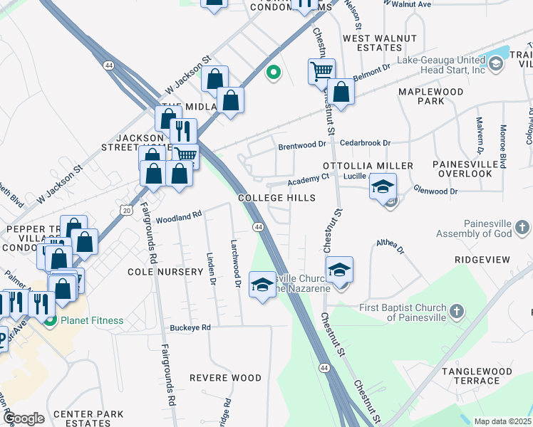 map of restaurants, bars, coffee shops, grocery stores, and more near 296 Ivy Ln in Painesville