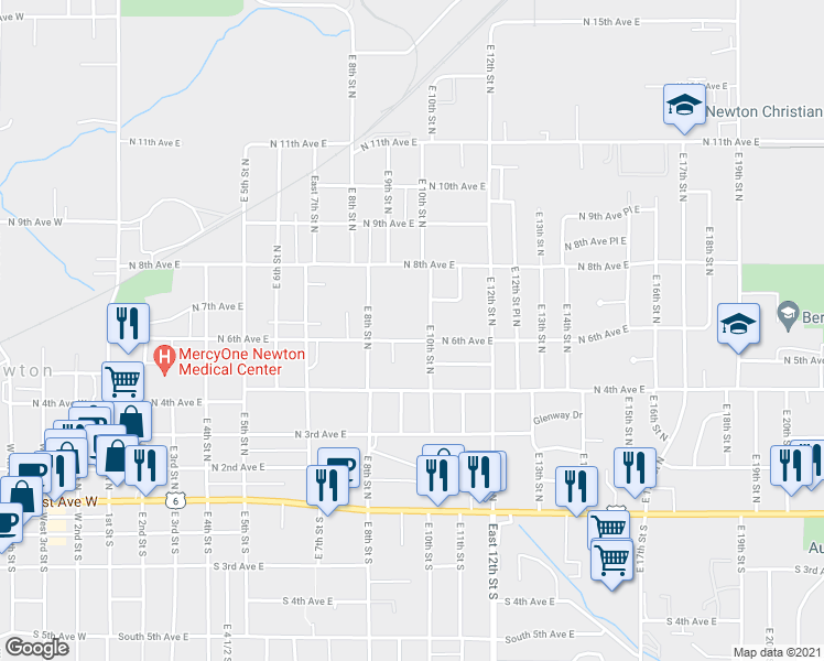 map of restaurants, bars, coffee shops, grocery stores, and more near 910 North 6th Avenue East in Newton