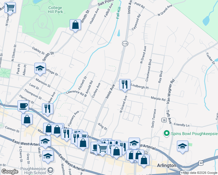 map of restaurants, bars, coffee shops, grocery stores, and more near 118 Innis Avenue in Poughkeepsie