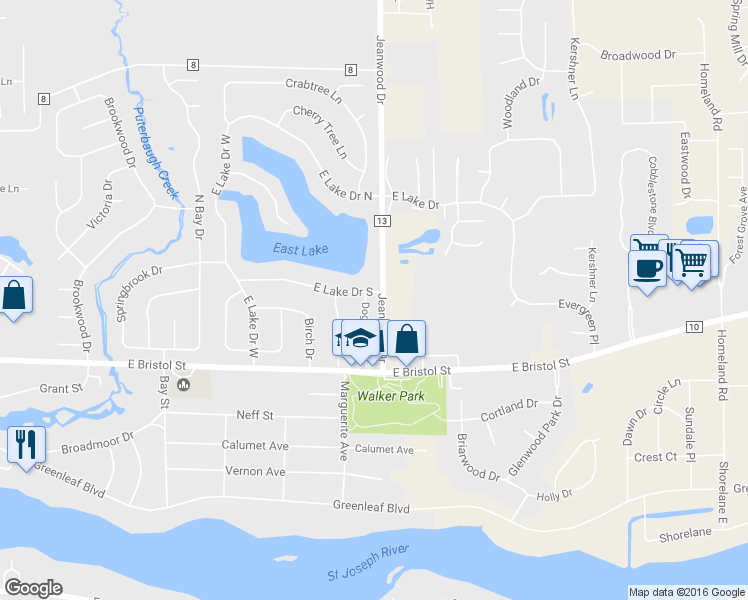 map of restaurants, bars, coffee shops, grocery stores, and more near 1540 Dogwood Drive in Elkhart