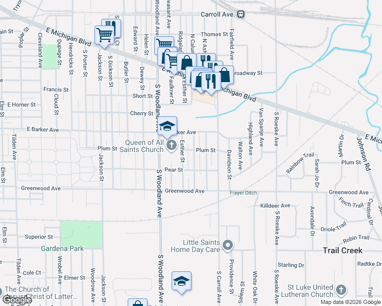 map of restaurants, bars, coffee shops, grocery stores, and more near 620 Esther Street in Michigan City