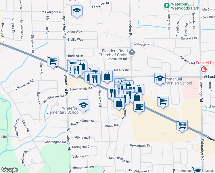 map of restaurants, bars, coffee shops, grocery stores, and more near 5200 Monroe Street in Toledo
