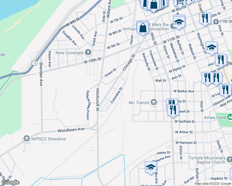 map of restaurants, bars, coffee shops, grocery stores, and more near 203 Columbia Street in Michigan City