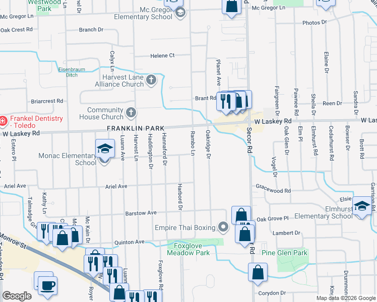 map of restaurants, bars, coffee shops, grocery stores, and more near 3528 Clawson Avenue in Toledo