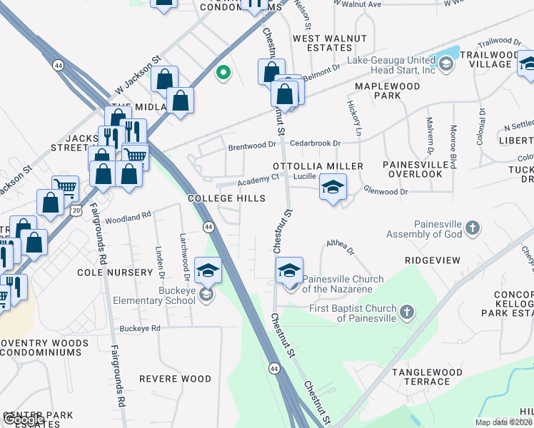 map of restaurants, bars, coffee shops, grocery stores, and more near 384 Chestnut Street in Painesville
