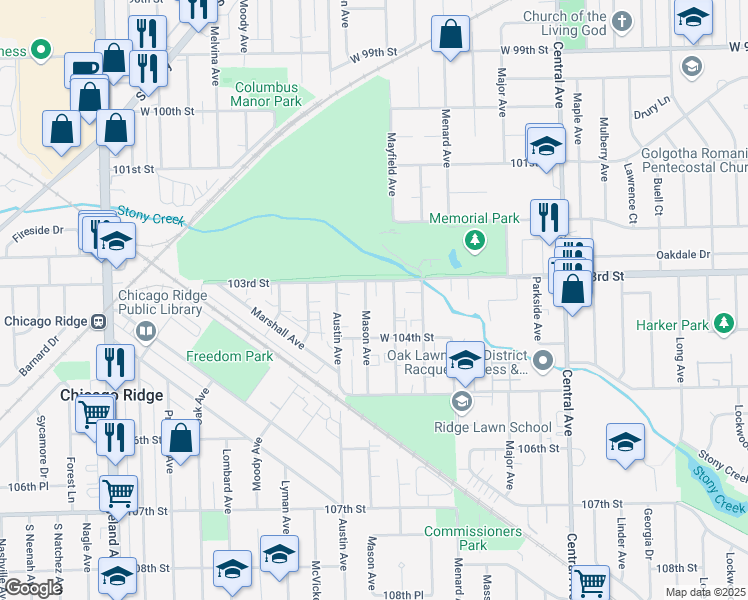 map of restaurants, bars, coffee shops, grocery stores, and more near 10311 Mason Avenue in Oak Lawn