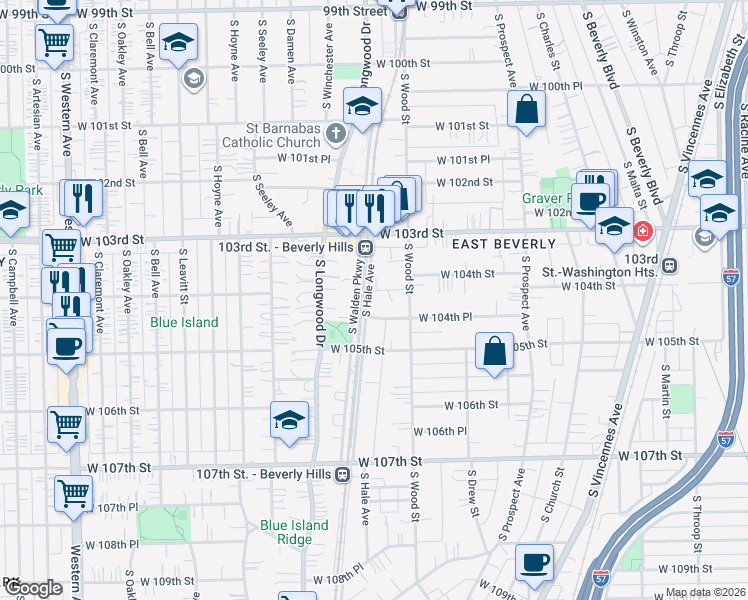 map of restaurants, bars, coffee shops, grocery stores, and more near 1837 West 104th Street in Chicago