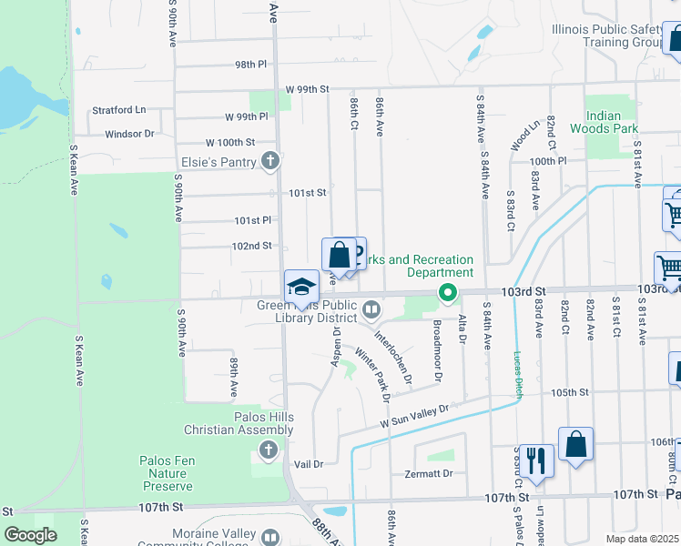 map of restaurants, bars, coffee shops, grocery stores, and more near 10241 South 87th Avenue in Palos Hills