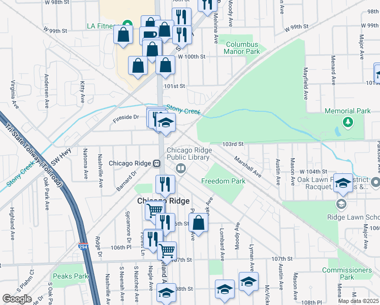 map of restaurants, bars, coffee shops, grocery stores, and more near 10246 Kerry Ridge Court in Chicago Ridge