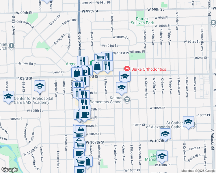 map of restaurants, bars, coffee shops, grocery stores, and more near 10329 Knox Avenue in Oak Lawn