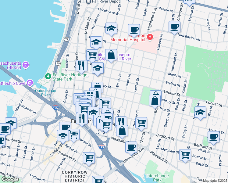 map of restaurants, bars, coffee shops, grocery stores, and more near in Fall River