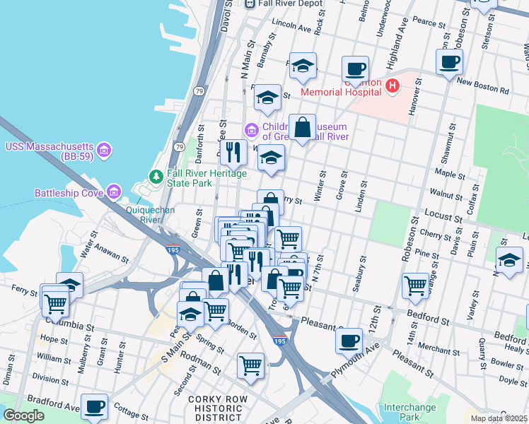 map of restaurants, bars, coffee shops, grocery stores, and more near 266 Pine Street in Fall River
