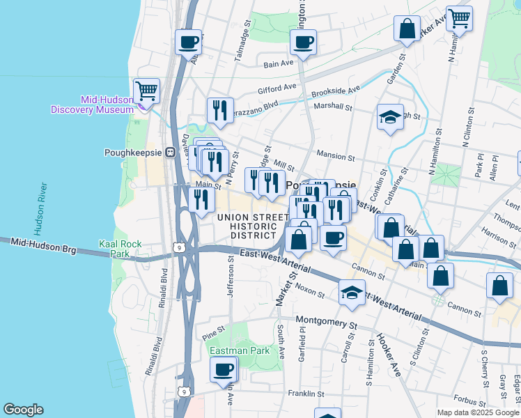map of restaurants, bars, coffee shops, grocery stores, and more near 15 South Bridge Street in Poughkeepsie