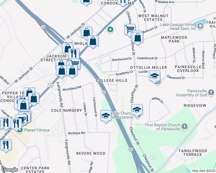 map of restaurants, bars, coffee shops, grocery stores, and more near 296 Ivy Lane in Painesville