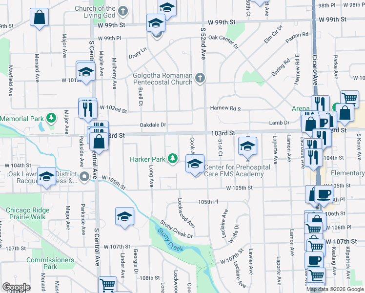 map of restaurants, bars, coffee shops, grocery stores, and more near 10316 Cook Avenue in Oak Lawn