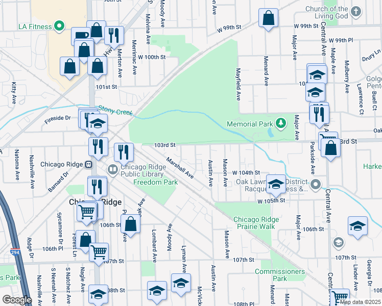 map of restaurants, bars, coffee shops, grocery stores, and more near 10306 McVicker Avenue in Chicago Ridge