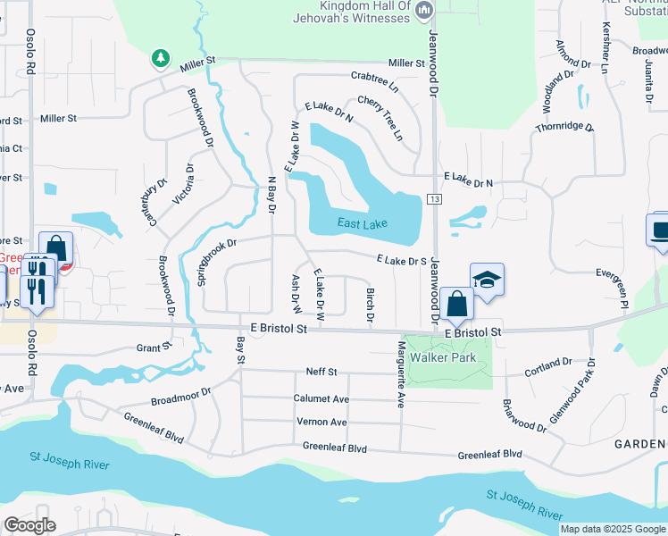 map of restaurants, bars, coffee shops, grocery stores, and more near 3006 Birch Dr in Elkhart