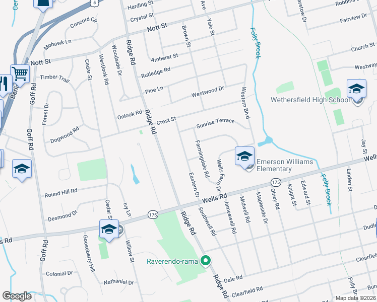map of restaurants, bars, coffee shops, grocery stores, and more near 92 Eastern Drive in Wethersfield