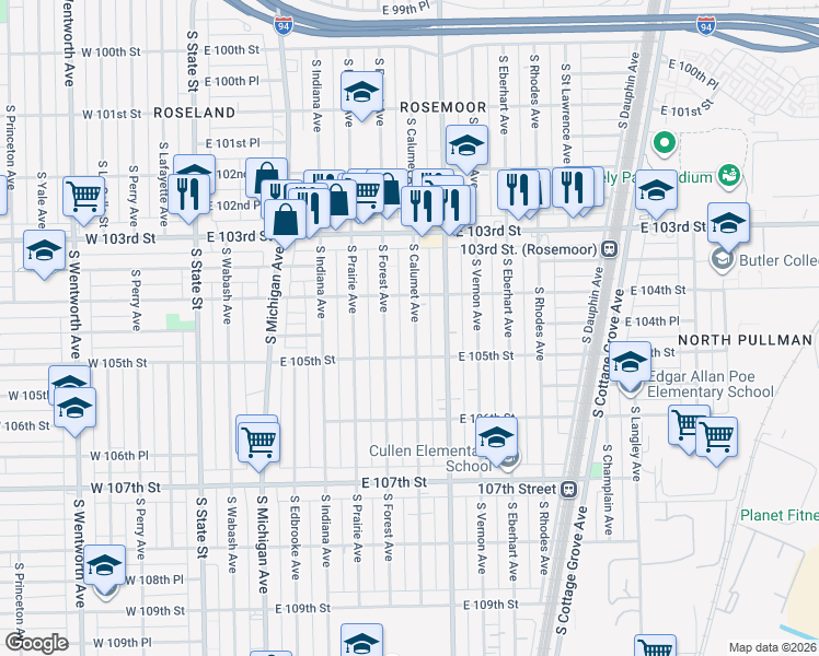 map of restaurants, bars, coffee shops, grocery stores, and more near 10430 South Calumet Avenue in Chicago