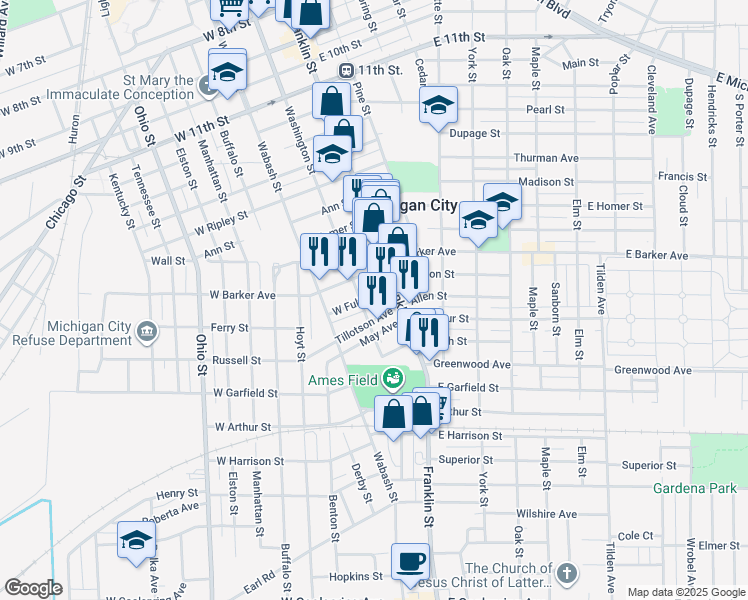 map of restaurants, bars, coffee shops, grocery stores, and more near 118 West Fulton Street in Michigan City