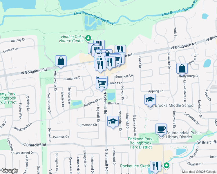 map of restaurants, bars, coffee shops, grocery stores, and more near 275 Old Elm Drive in Bolingbrook