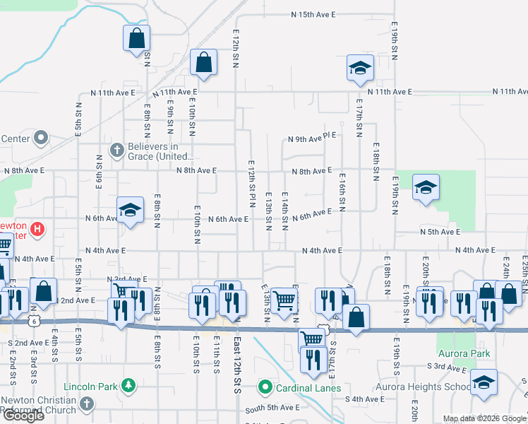 map of restaurants, bars, coffee shops, grocery stores, and more near 602 East 12th Street Place North in Newton