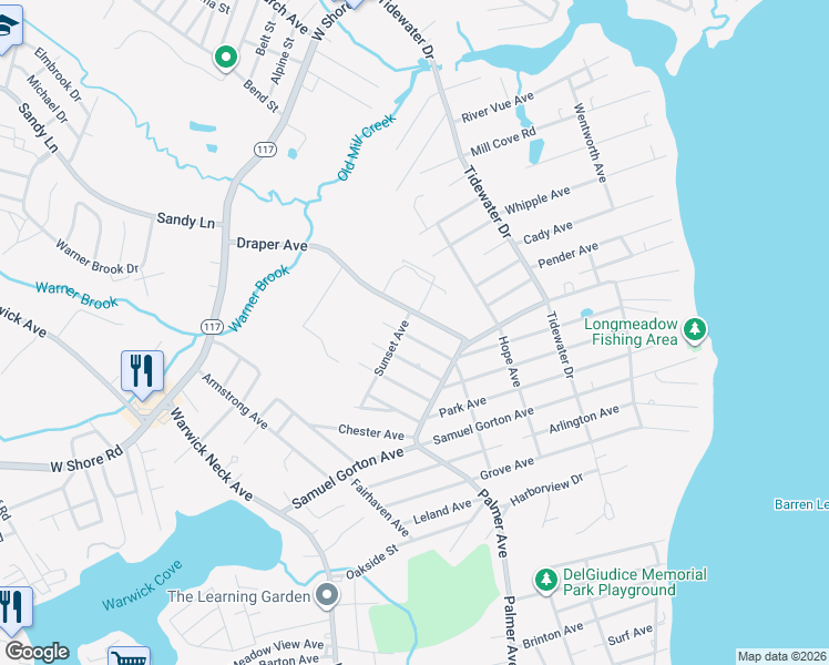 map of restaurants, bars, coffee shops, grocery stores, and more near 47 Maplehurst Avenue in Warwick