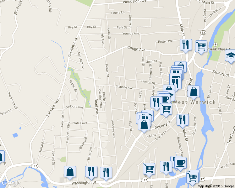 map of restaurants, bars, coffee shops, grocery stores, and more near 24 Plante Court in West Warwick