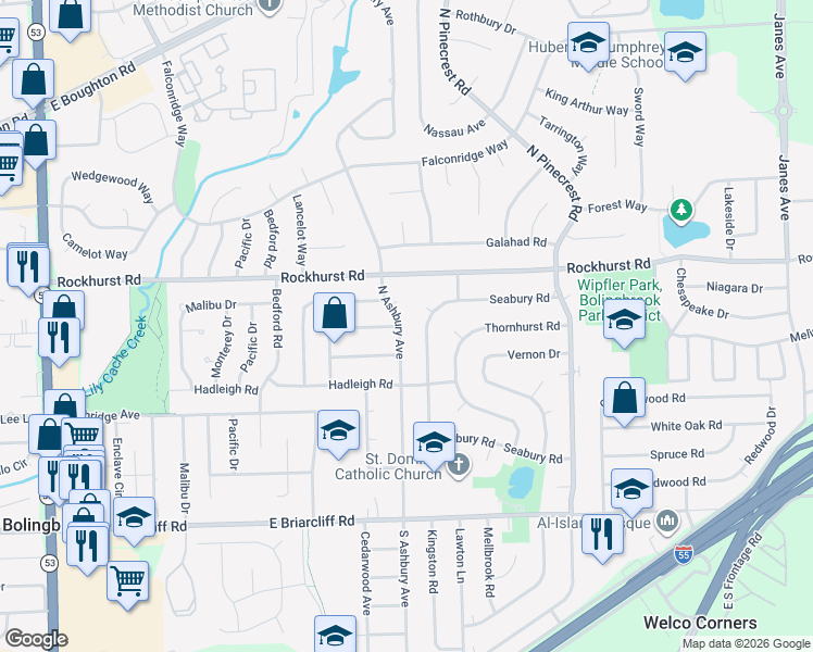 map of restaurants, bars, coffee shops, grocery stores, and more near 232 North Ashbury Avenue in Bolingbrook
