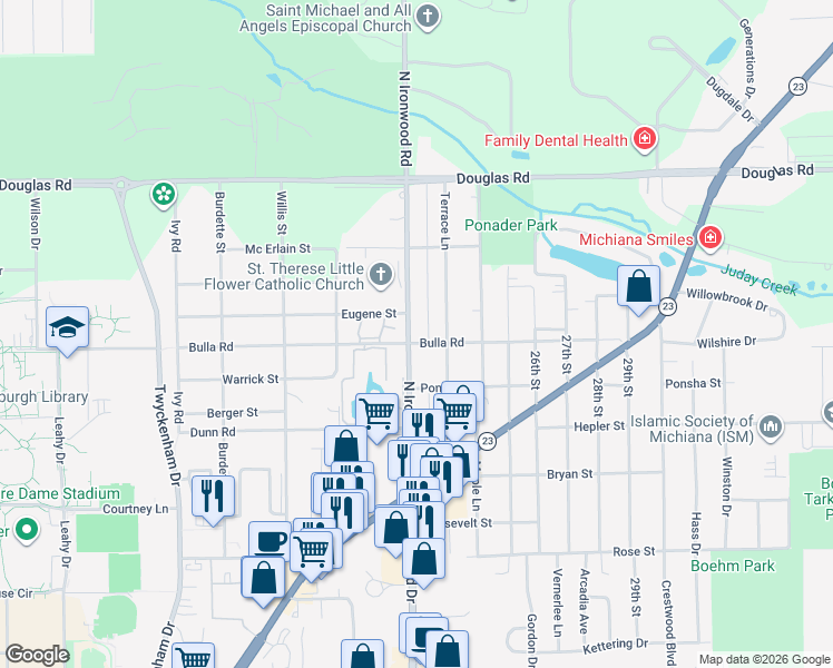 map of restaurants, bars, coffee shops, grocery stores, and more near 54290 North Ironwood Road in South Bend