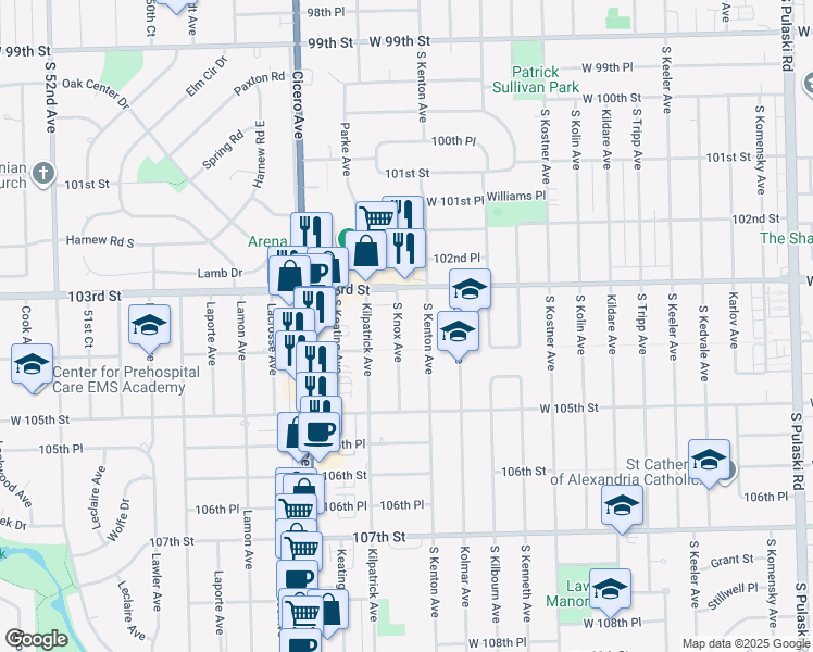 map of restaurants, bars, coffee shops, grocery stores, and more near 10329 Knox Avenue in Oak Lawn