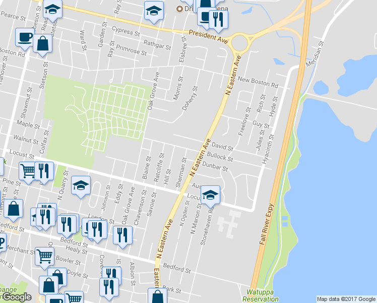 map of restaurants, bars, coffee shops, grocery stores, and more near 213 Bullock Street in Fall River