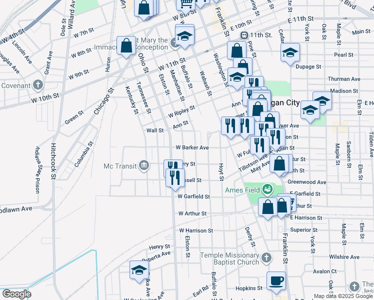 map of restaurants, bars, coffee shops, grocery stores, and more near 1804 Elston Street in Michigan City