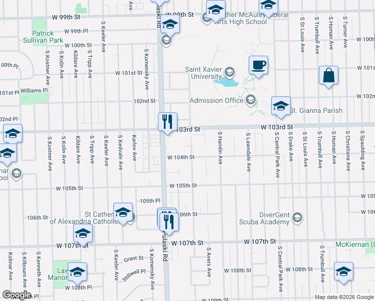 map of restaurants, bars, coffee shops, grocery stores, and more near 10346 South Springfield Avenue in Chicago