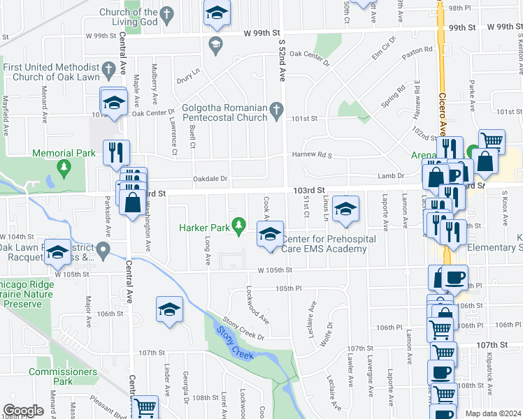 map of restaurants, bars, coffee shops, grocery stores, and more near 10316 Cook Avenue in Oak Lawn