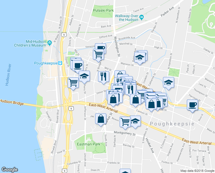 map of restaurants, bars, coffee shops, grocery stores, and more near 218 Main Street in Poughkeepsie