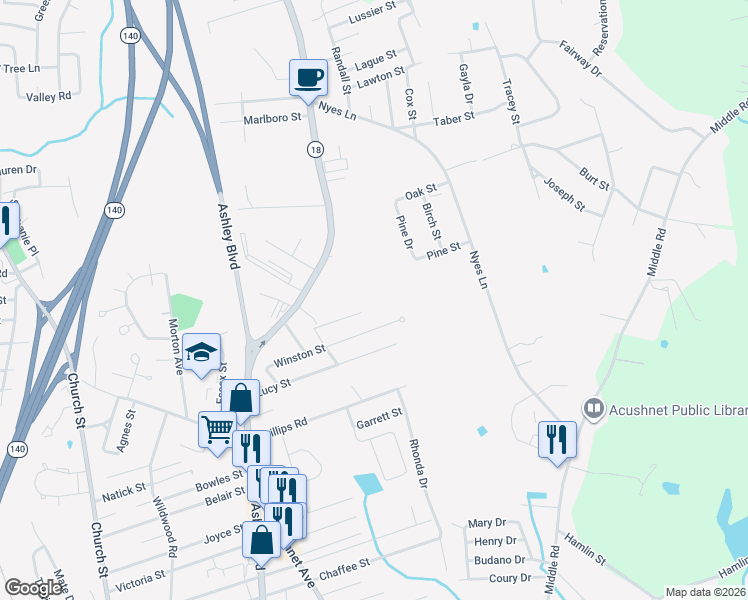map of restaurants, bars, coffee shops, grocery stores, and more near 20 Rounseville Street in New Bedford