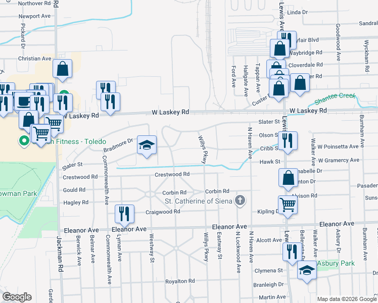 map of restaurants, bars, coffee shops, grocery stores, and more near 4727 Willys Parkway in Toledo