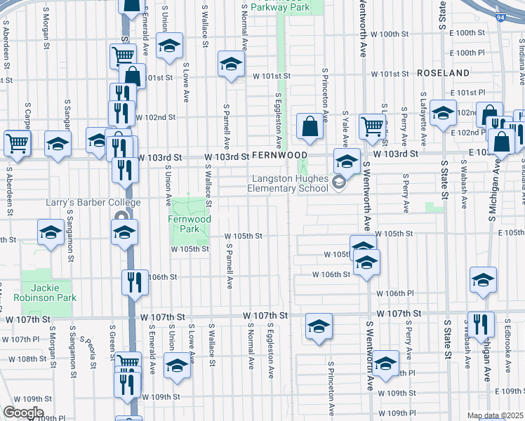 map of restaurants, bars, coffee shops, grocery stores, and more near 10420 S Eggleston Ave in Chicago