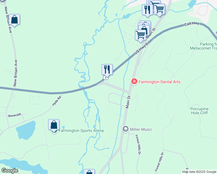 map of restaurants, bars, coffee shops, grocery stores, and more near 25 Scott Swamp Road in Farmington
