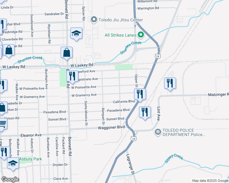 map of restaurants, bars, coffee shops, grocery stores, and more near 118 West Gramercy Avenue in Toledo