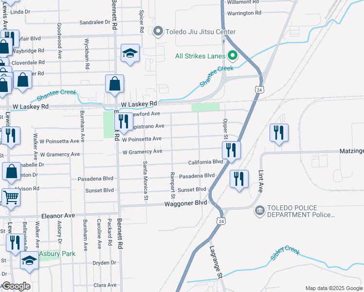 map of restaurants, bars, coffee shops, grocery stores, and more near 118 West Gramercy Avenue in Toledo