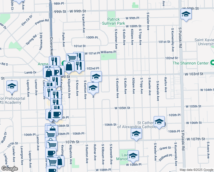 map of restaurants, bars, coffee shops, grocery stores, and more near 10328 South Kenneth Avenue in Oak Lawn
