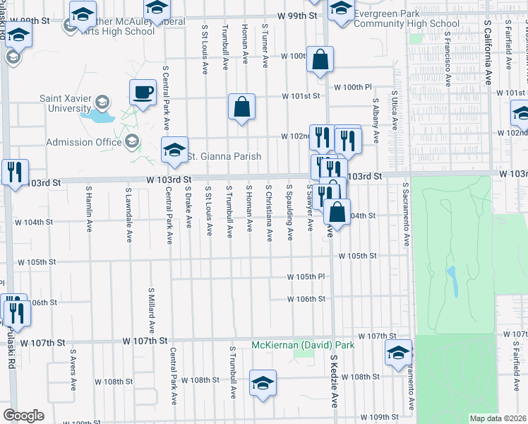 map of restaurants, bars, coffee shops, grocery stores, and more near 10354 South Christiana Avenue in Chicago