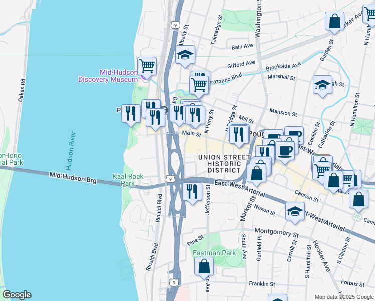 map of restaurants, bars, coffee shops, grocery stores, and more near 33 South Clover Street in Poughkeepsie