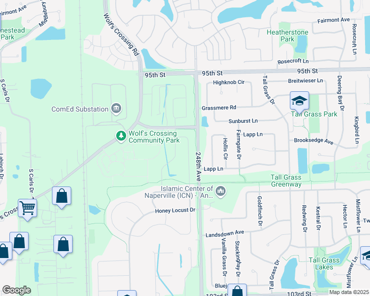 map of restaurants, bars, coffee shops, grocery stores, and more near 3439 Birch Lane in Naperville