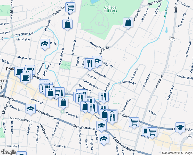 map of restaurants, bars, coffee shops, grocery stores, and more near 43 Lent Street in Poughkeepsie